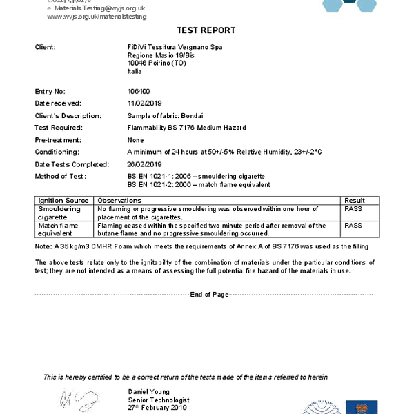 bond - flamability BS5852 CRIB5